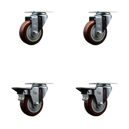 Service Caster 3.5'' Maroon Poly Wheel Swivel Top Plate Caster Set with 2 Posi Brakes, 4PK SCC-20S3514-PPUB-MRN-2-PLB-2